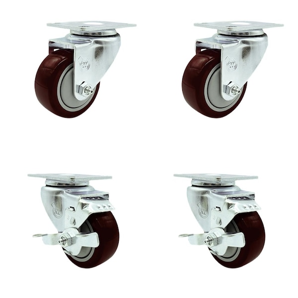 Service Caster Tool Box Caster Wheel Set 3.5'' Maroon Polyurethane Swivel Casters, 4PK TOOL-SCC-20S3514-PPUB-MRN-2-TLB-2 - main